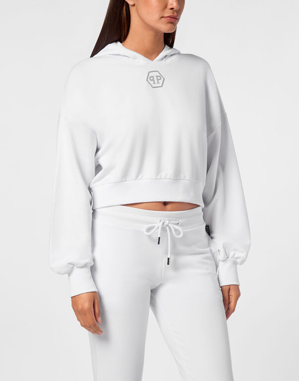 Cropped Hoodie Sweatshirt Crystal Hexagon white