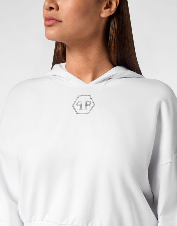 Cropped Hoodie Sweatshirt Crystal Hexagon white