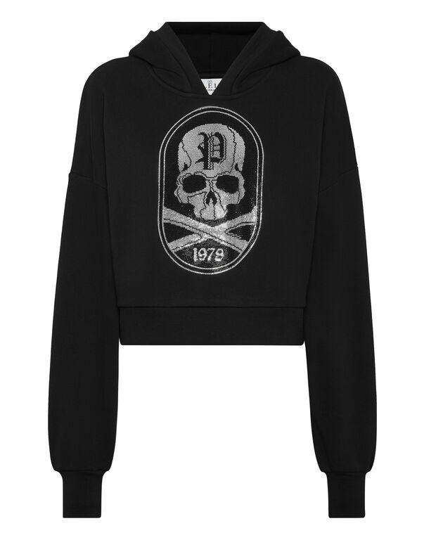 Cropped Hoodie Sweatshirt Strass Skull&Bones black