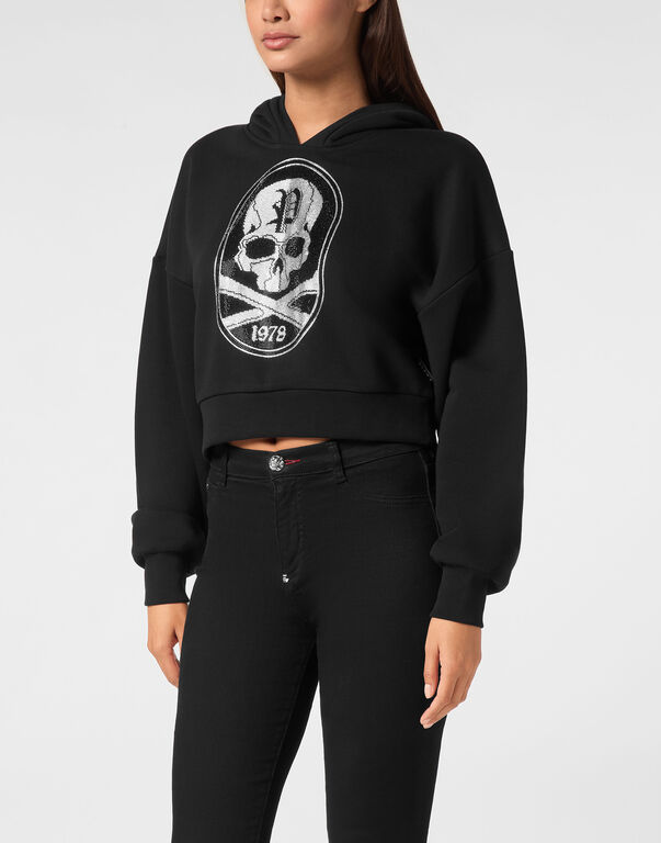 Cropped Hoodie Sweatshirt Strass Skull&Bones black