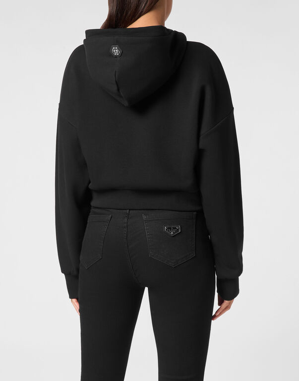 Cropped Hoodie Sweatshirt Strass Skull&Bones black