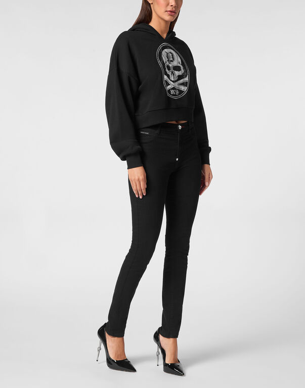 Cropped Hoodie Sweatshirt Strass Skull&Bones black