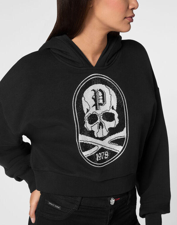 Cropped Hoodie Sweatshirt Strass Skull&Bones black