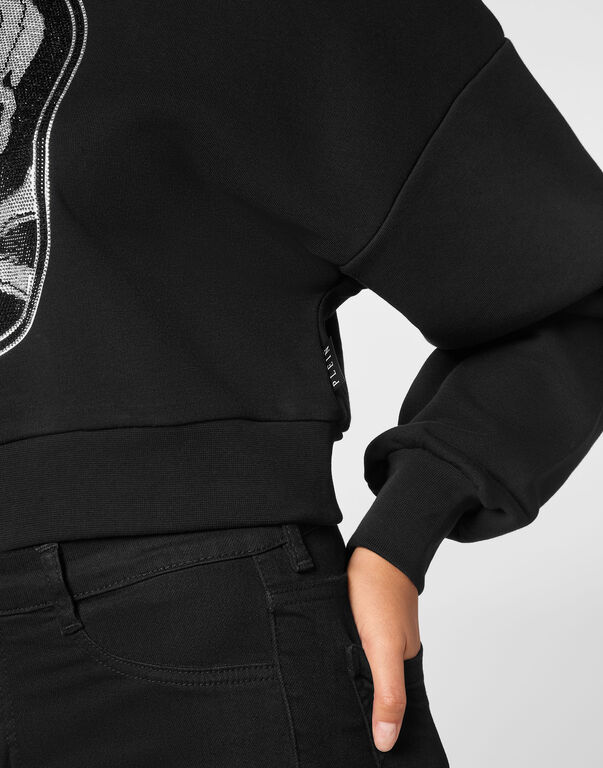 Cropped Hoodie Sweatshirt Strass Skull&Bones black