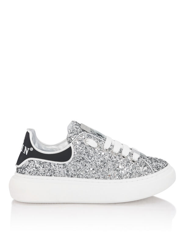 Low-Top Sneakers Glitter Silver+White