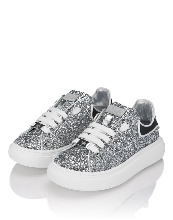 Low-Top Sneakers Glitter Silver+White