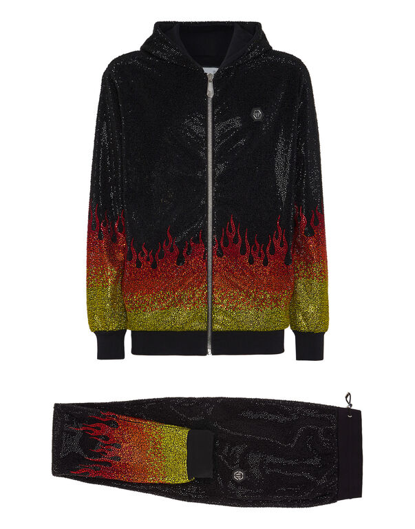 Jogging Tracksuit: Hoodie/Trousers with Crystals Flame black