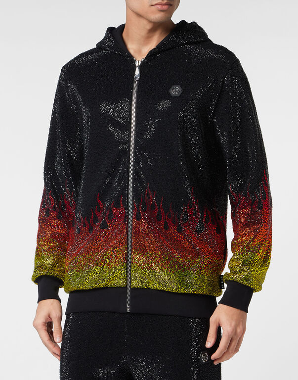 Jogging Tracksuit: Hoodie/Trousers with Crystals Flame black