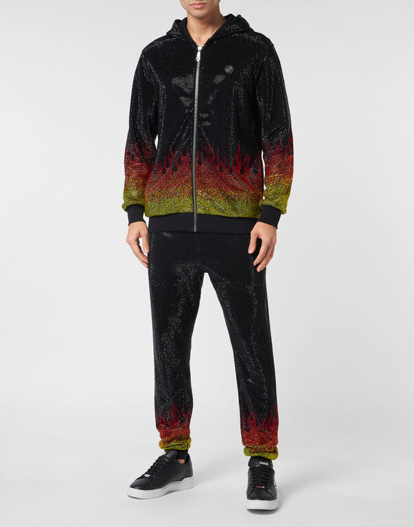 Jogging Tracksuit: Hoodie/Trousers with Crystals Flame black
