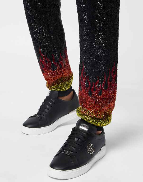 Jogging Tracksuit: Hoodie/Trousers with Crystals Flame black