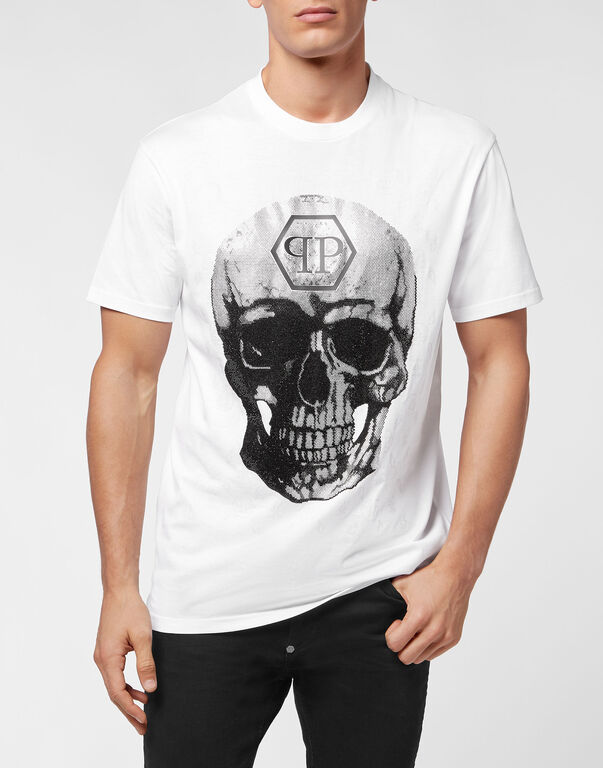 T-shirt Round Neck SS Skull and Plein with Crystals white